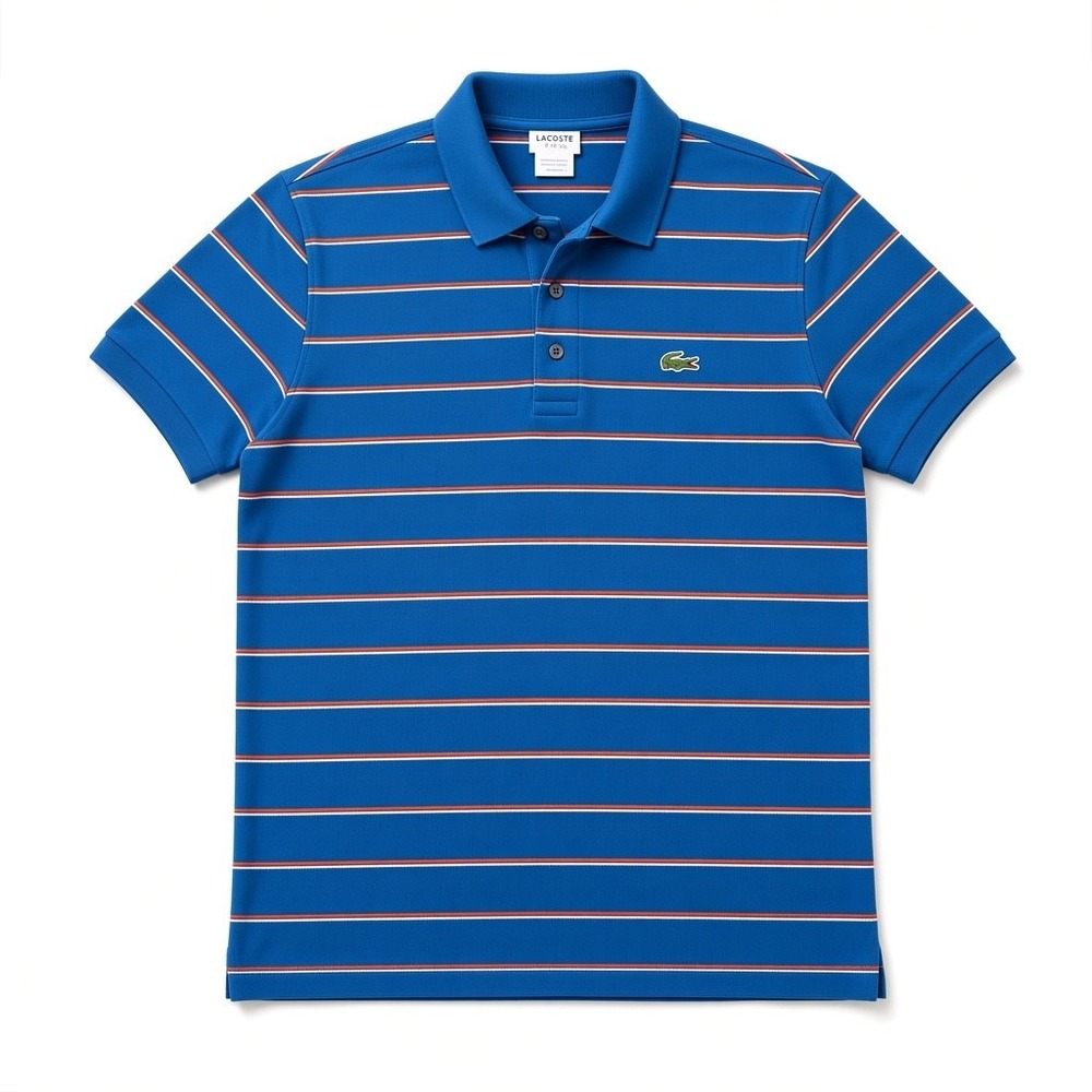 Lacoste Sport Mens Blue Striped Short Sleeve Pique Polo Shirt Size 7 XL